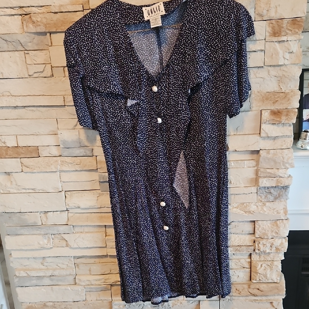 Elegant Navy Blue Polka Dot Dress